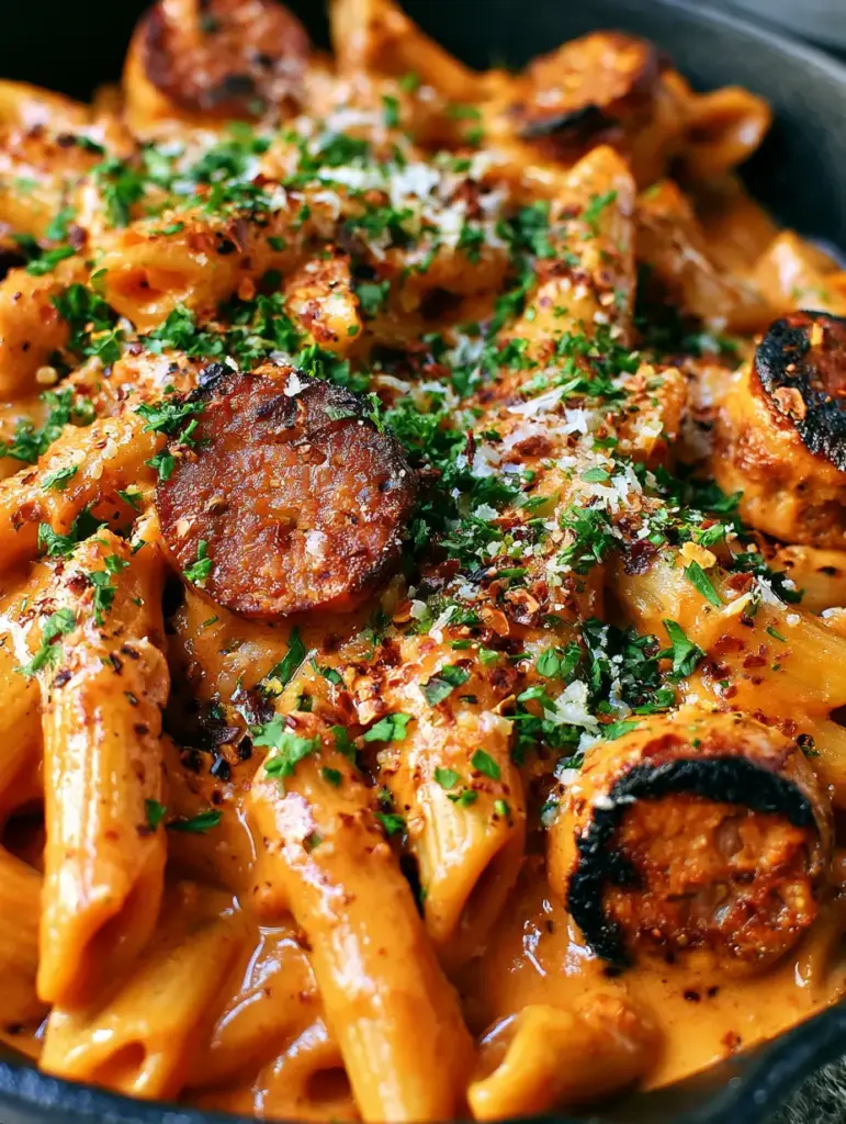 Close-up of seared andouille sausage slices with blackened edges resting on penne pasta.