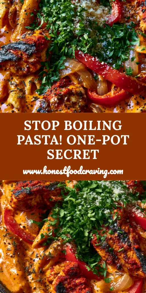One-Pot Cajun Chicken Pasta: The Ultimate Creamy Skillet Dinner 4 A top-down view of One-Pot Cajun Chicken Pasta in a cast iron skillet, featuring seared chicken, red peppers, and a glossy orange sauce. (One-Pot Cajun Chicken Pasta)