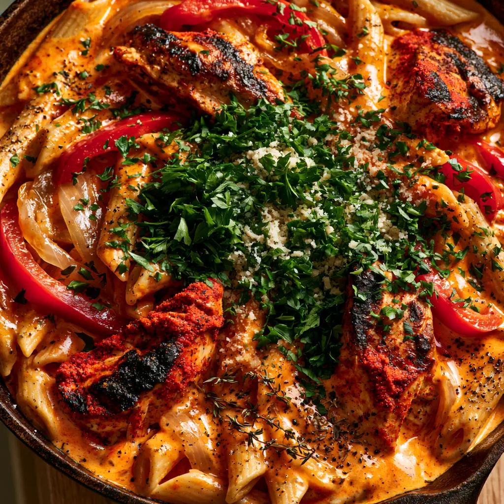 One-Pot Cajun Chicken Pasta: The Ultimate Creamy Skillet Dinner 2 Extreme macro of One-Pot Cajun Chicken Pasta showing the thick glossy sauce and charred chicken chunks. (One-Pot Cajun Chicken Pasta)