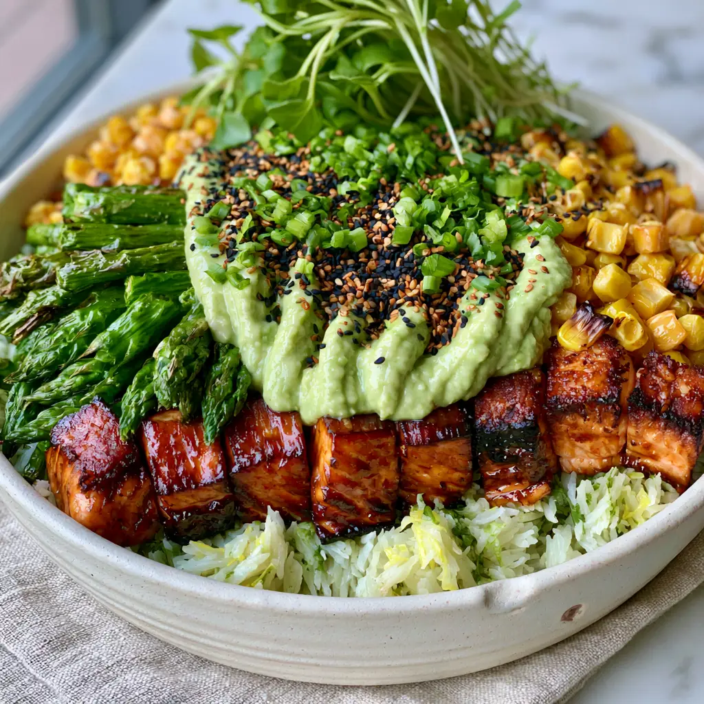 Healthy Dinner Ideas: Honey-Garlic Salmon Bowls with Avocado Crema 1 A 45-degree angle shot of an overflowing healthy dinner bowl with avocado crema zig-zag drizzle.