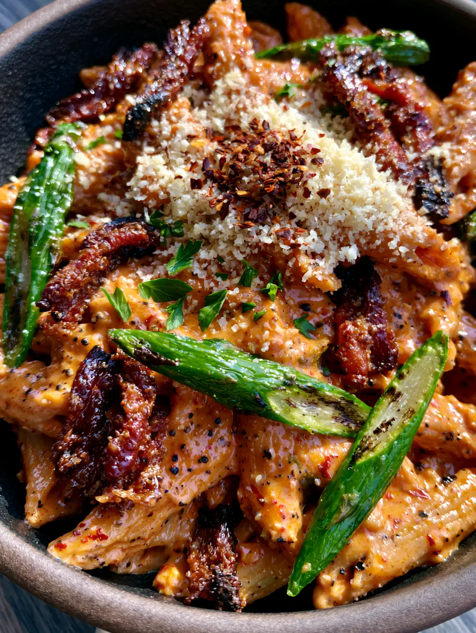 Bacon Asparagus Cajun Pasta with a Creamy Sunset-Orange Sauce 4 A top-down macro overhead shot of a rustic matte black ceramic bowl filled with creamy bacon asparagus cajun pasta, featuring a vibrant orange cream sauce.