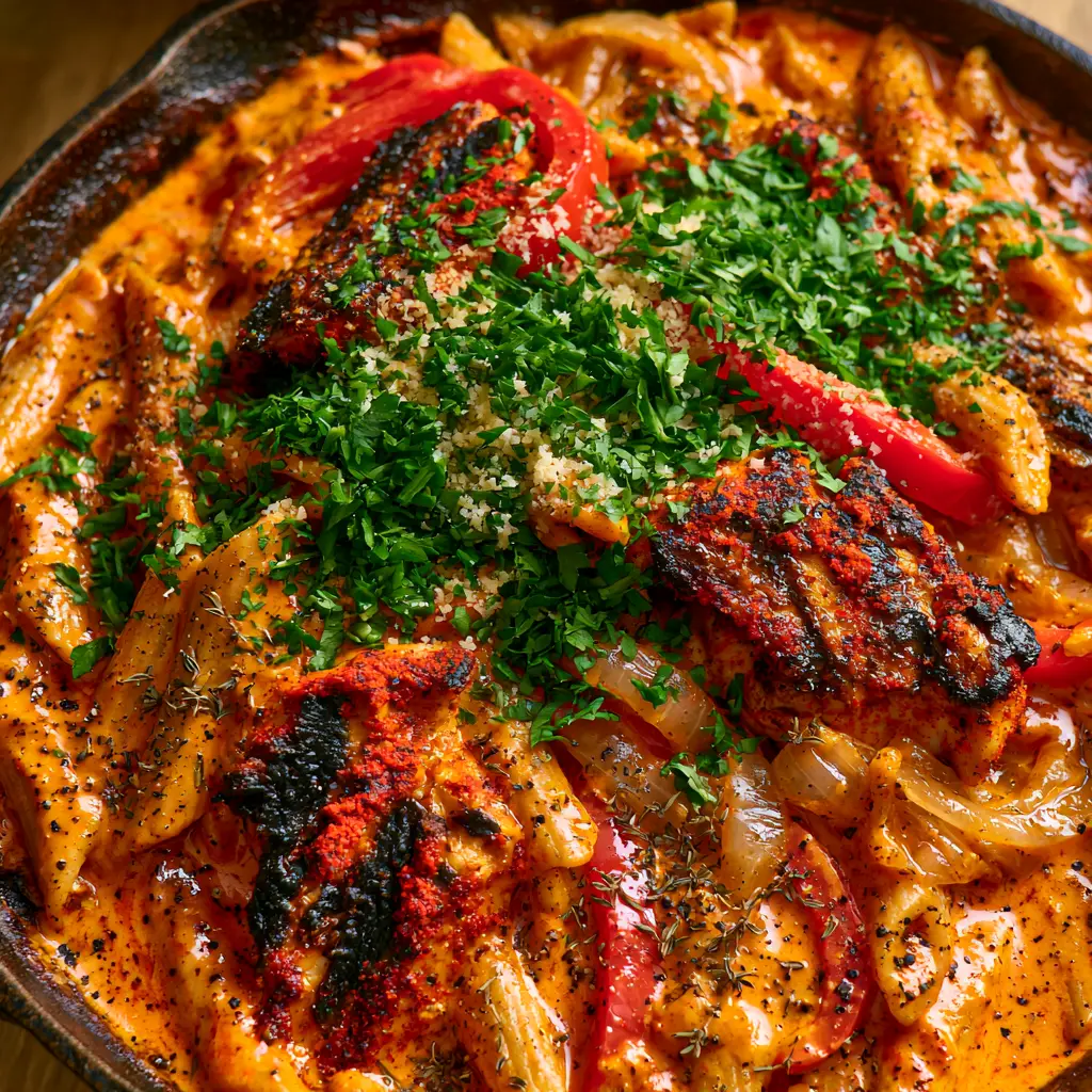 One-Pot Cajun Chicken Pasta: The Ultimate Creamy Skillet Dinner 1 Top-down view of penne pasta submerged in a spicy Cajun cream sauce with parsley garnishing.