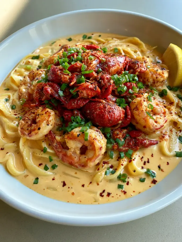 Pappadeaux Mardi Gras Pasta: The Ultimate Creamy Cajun Seafood Recipe 1 Top-down photo of Mardi Gras pasta garnished with scallions and lemon wedge.