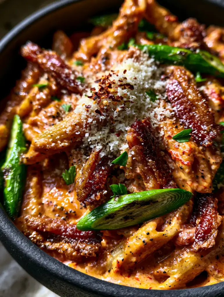 Bacon Asparagus Cajun Pasta with a Creamy Sunset-Orange Sauce 1 Close up of charred diagonal asparagus spears and mahogany bacon lardons atop creamy penne pasta with Cajun spices.