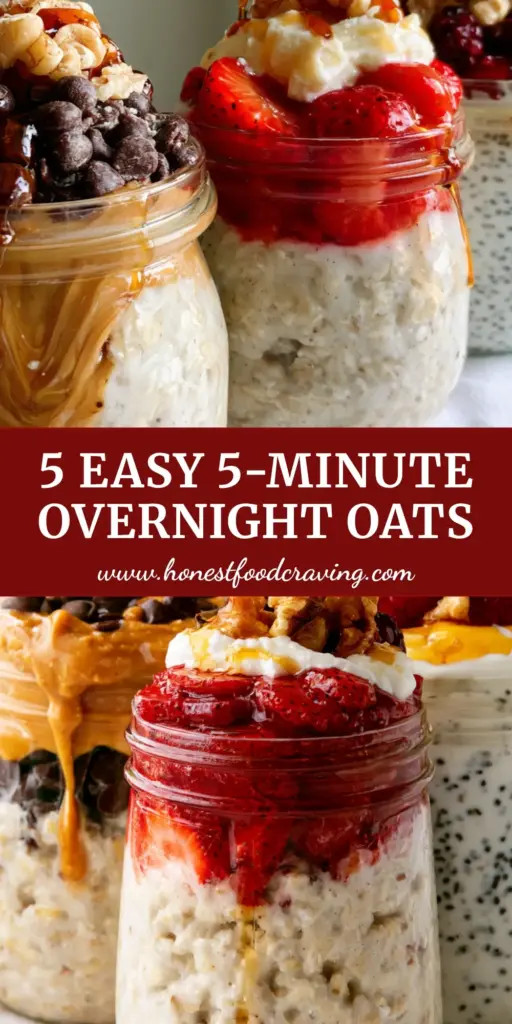 Easy Overnight Oats: The Ultimate Creamy Meal Prep Guide 3 A side-by-side arrangement of five minimalist glass jars filled with thick, creamy easy overnight oats topped with strawberries and walnuts.