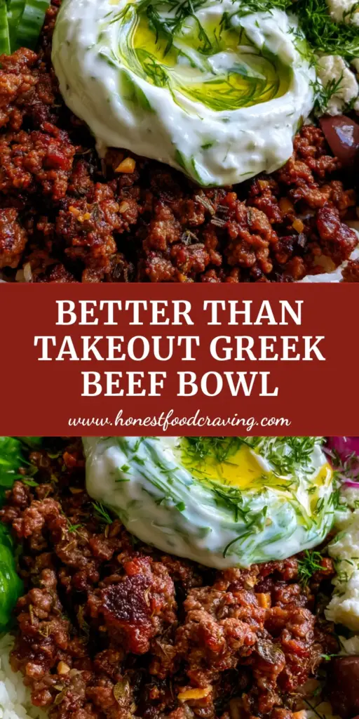 Greek Beef Bowl Recipe with Caramelized Seared Beef and Creamy Tzatziki 4 A vibrant Greek beef bowl featuring caramelized ground beef, fluffy basmati rice, fresh cucumbers, and creamy tzatziki in a stone bowl.