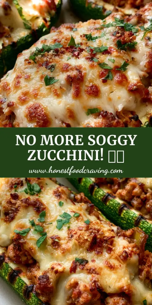Stuffed Zucchini Boats with Savory Ground Turkey and Toasted Parmesan 4 A vertical photo of Stuffed Zucchini Boats with melted cheese and red chili flakes on a ceramic plate.