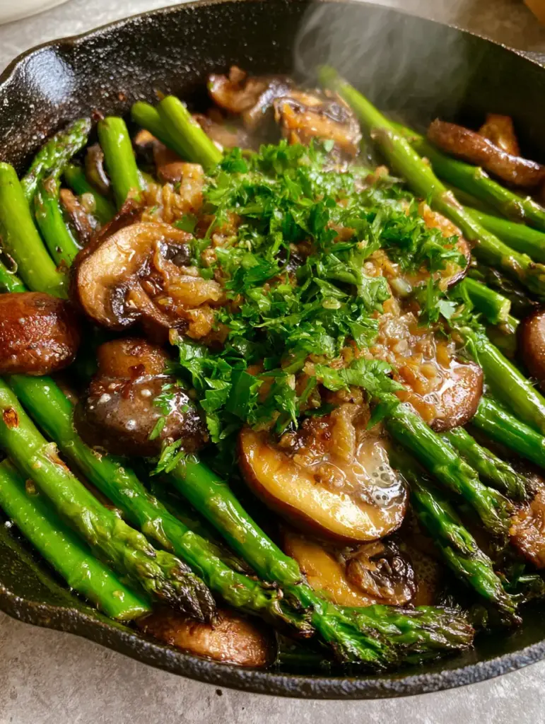 Glistening garlic butter and golden minced garlic over sauteed asparagus and mushrooms in a black skillet.