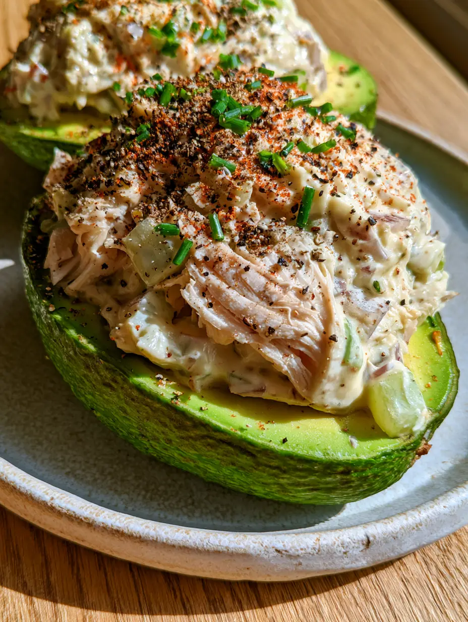 Close-up of shredded rotisserie chicken salad with translucent celery cubes and chives. (Chicken salad stuffed avocado)