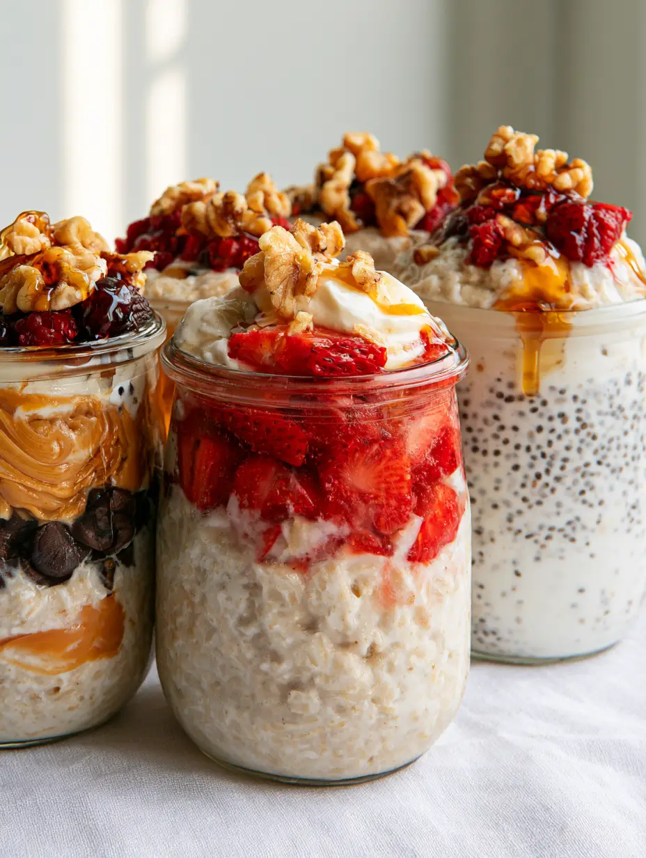 Easy Overnight Oats: The Ultimate Creamy Meal Prep Guide 4 Elegant wide-mouth jars featuring peanut butter swirls and dark chocolate chips in easy overnight oats.