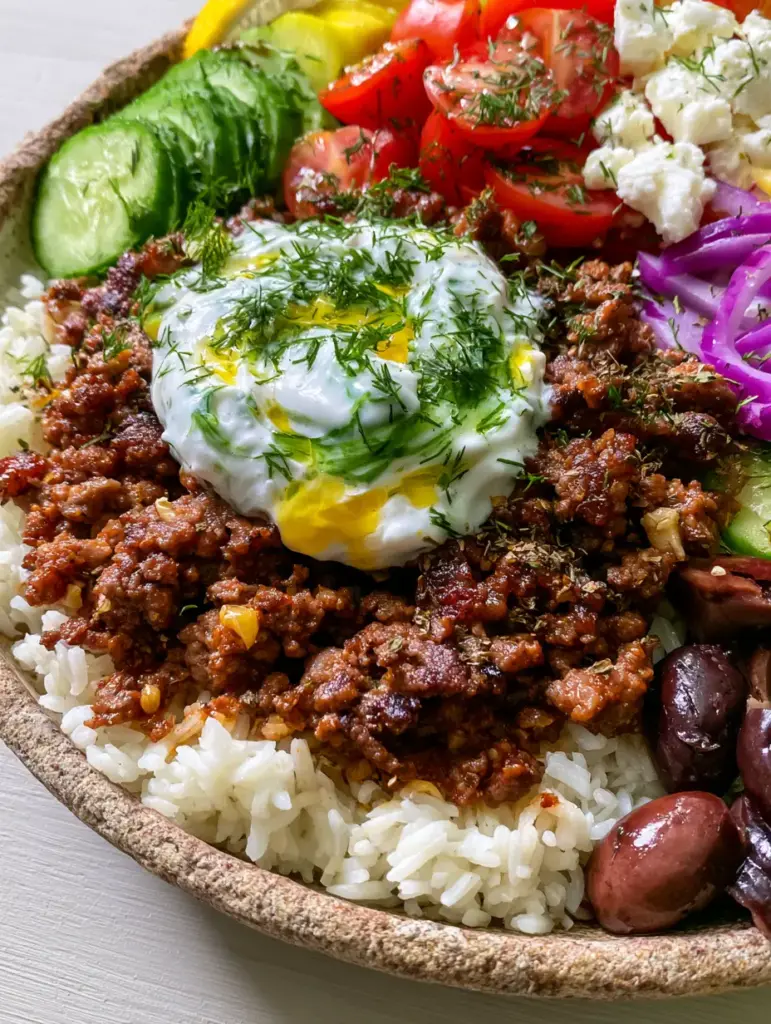 Greek Beef Bowl Recipe with Caramelized Seared Beef and Creamy Tzatziki 2 Close up shot of seared caramelized ground beef with garlic and oregano in a Greek beef bowl.