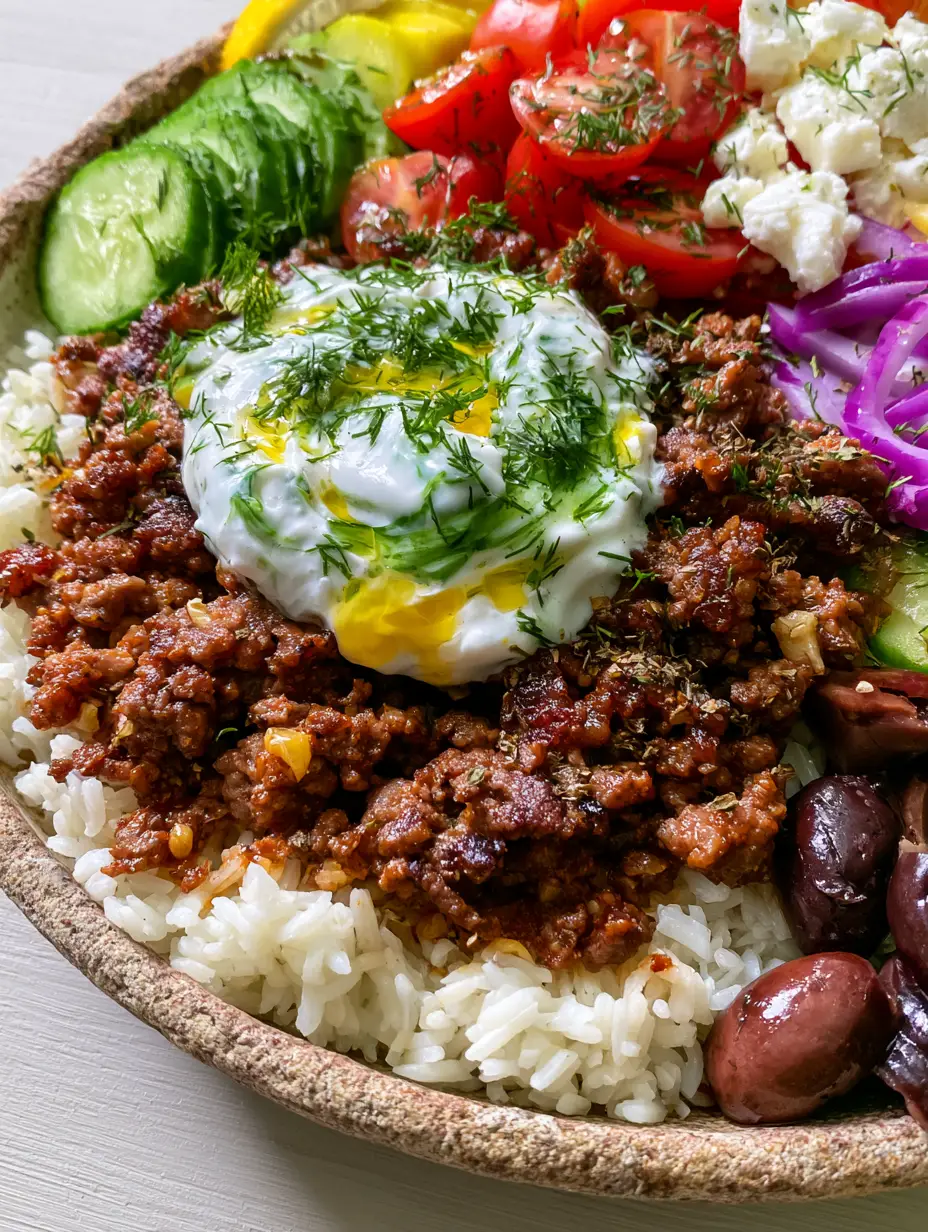 Greek Beef Bowl Recipe with Caramelized Seared Beef and Creamy Tzatziki 3 Close up shot of seared caramelized ground beef with garlic and oregano in a Greek beef bowl.