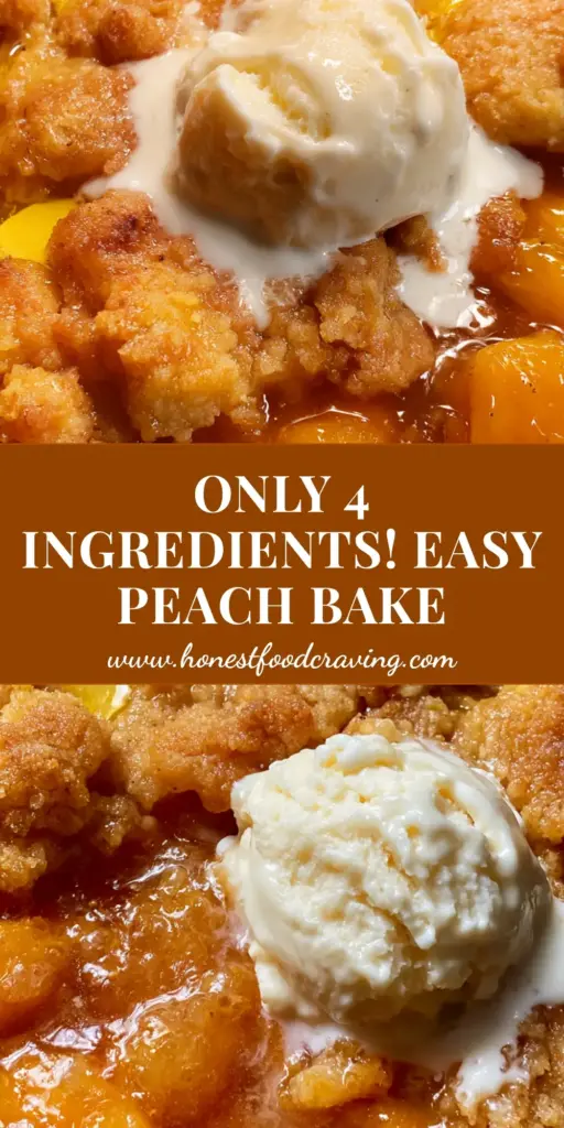 A top-down macro shot of a slow cooker peach bake with bubbling amber peach jam, a golden-brown cake mix crumble, and melting vanilla bean ice cream.