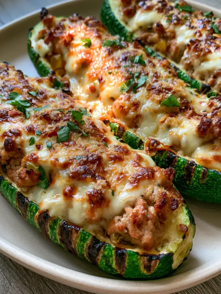 Stuffed Zucchini Boats with Savory Ground Turkey and Toasted Parmesan 2 Close-up of three Stuffed Zucchini Boats showing charred edges and golden-brown melted mozzarella.