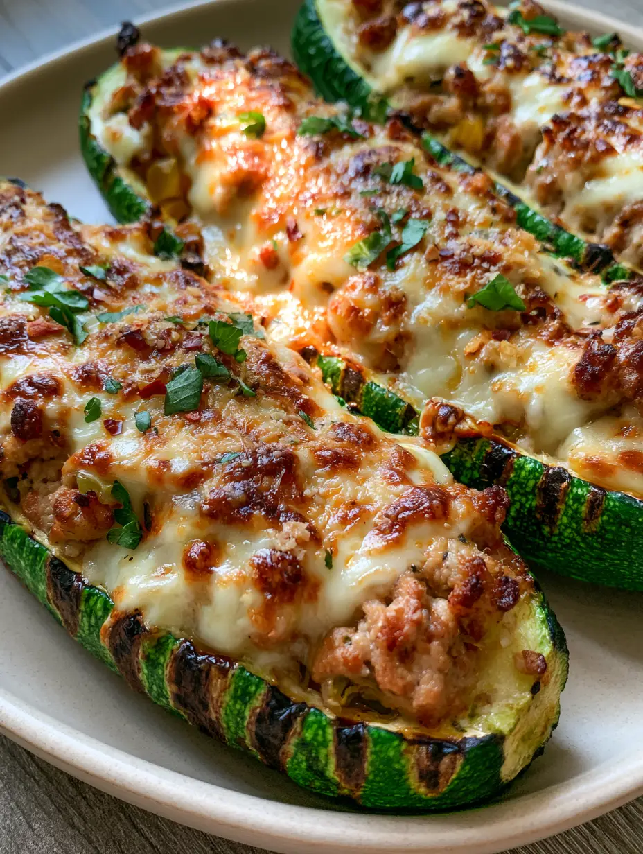 Stuffed Zucchini Boats with Savory Ground Turkey and Toasted Parmesan 3 Close-up of three Stuffed Zucchini Boats showing charred edges and golden-brown melted mozzarella.