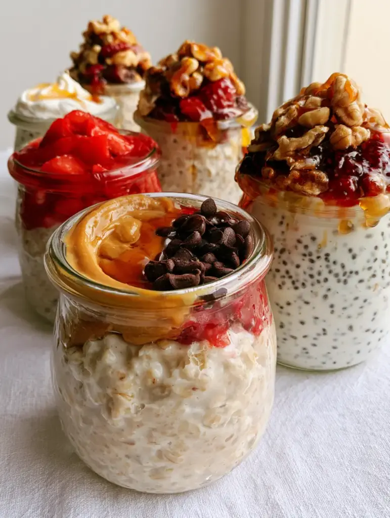 Easy Overnight Oats: The Ultimate Creamy Meal Prep Guide 1 Chilled easy overnight oats showing bright black chia seeds and vanilla bean speckles in a white base.