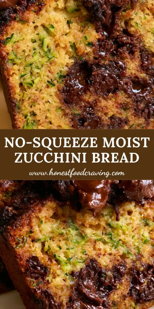 A thick vertical slice of chocolate chip zucchini bread with visible green flecks and gooey dark chocolate on a cream plate.