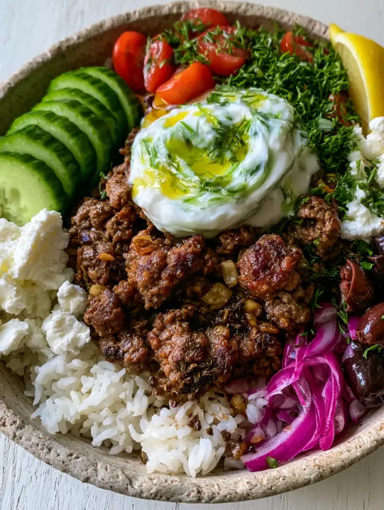 Greek Beef Bowl Recipe with Caramelized Seared Beef and Creamy Tzatziki 1 Greek beef bowl assembly with pillowy tzatziki sauce, electric purple red onions, and ruby red cherry tomatoes.