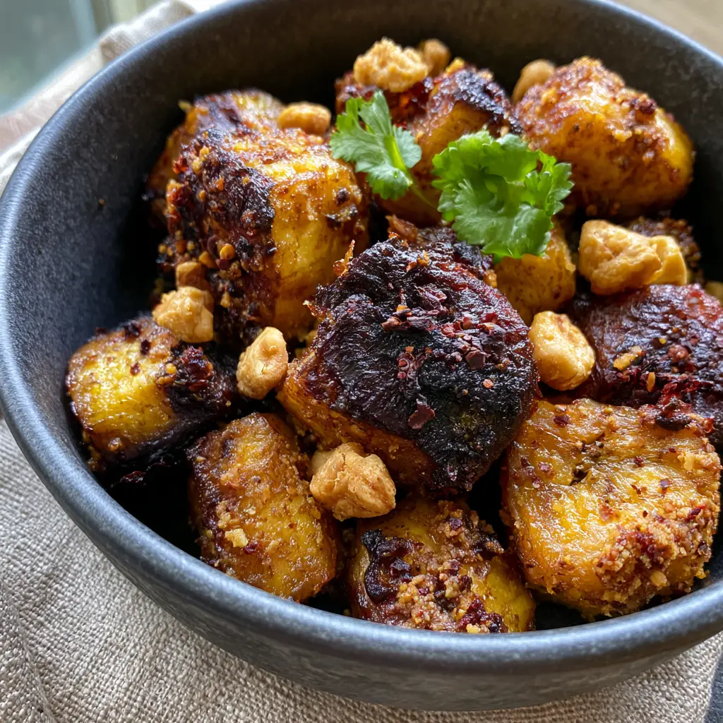 Kelewele: The Ultimate Guide to Ghana’s Spicy Caramelized Plantains 2 Macro close-up of Kelewele plantain cubes with a grainy ginger-clove coating and charred edges.