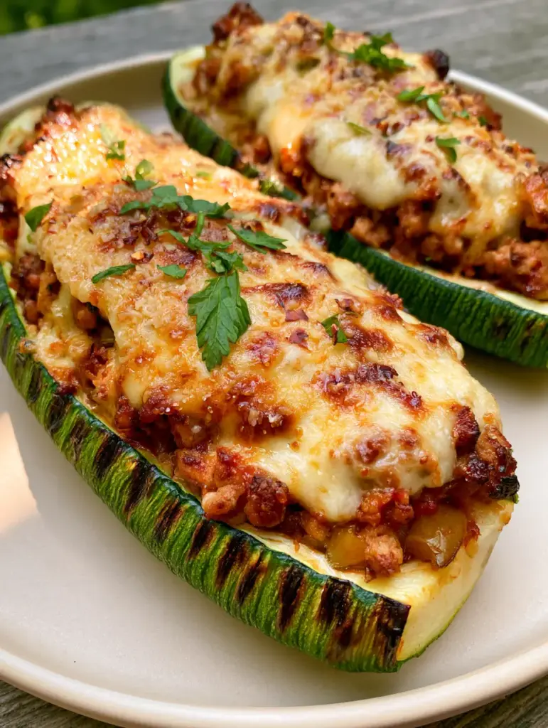 Stuffed Zucchini Boats with Savory Ground Turkey and Toasted Parmesan 1 High-angle view of Stuffed Zucchini Boats garnished with fresh parsley and red chili flakes.