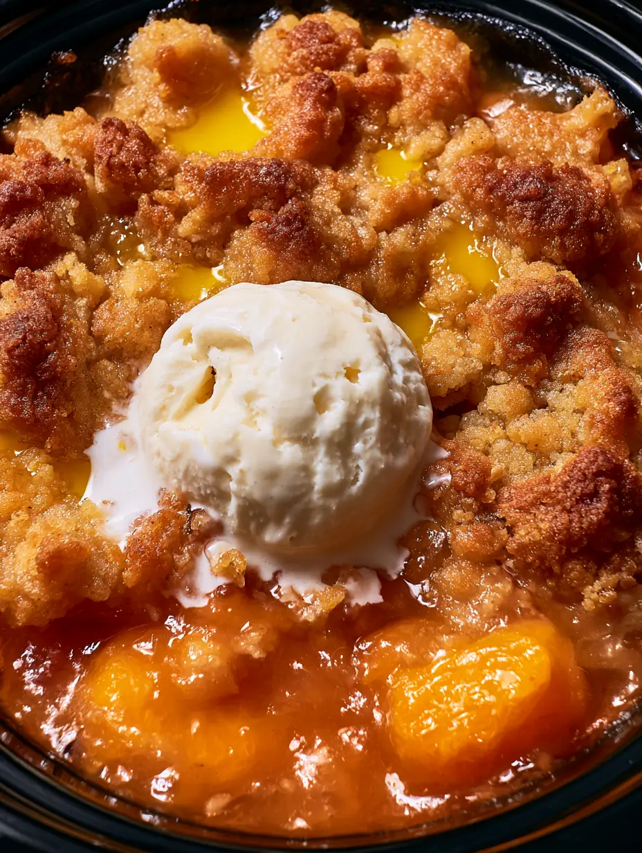 Extreme macro shot of the slow cooker peach bake showing shimmering pools of melted salted butter in the golden toasted crust. (slow cooker peach bake)