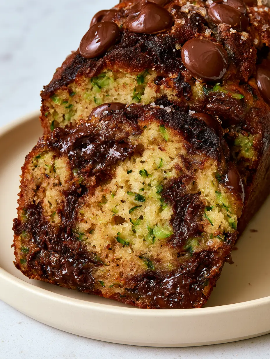 Macro shot focusing on the moist golden-tan crumb and melted dark chocolate chunks of the chocolate chip zucchini bread.
