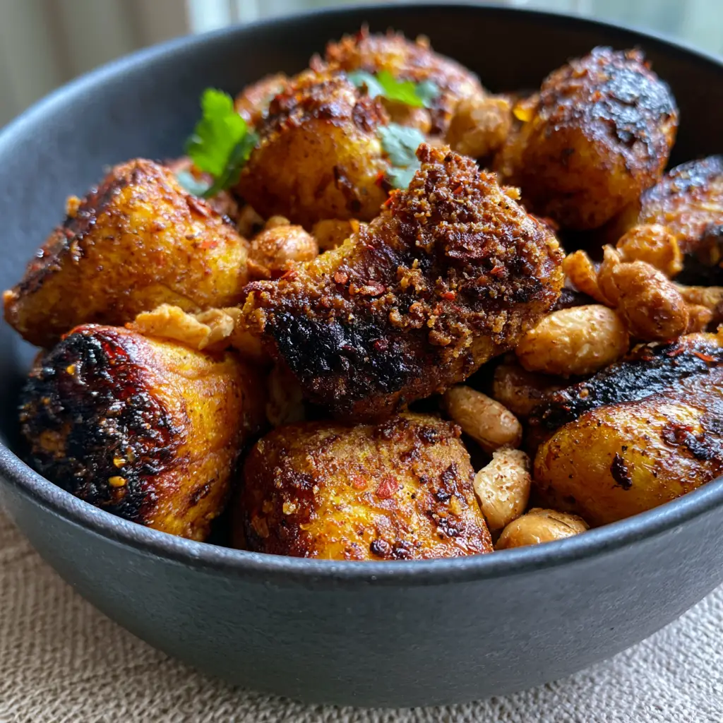 Kelewele: The Ultimate Guide to Ghana’s Spicy Caramelized Plantains 1 Authentic Kelewele in a dark ceramic bowl with golden-brown roasted skin-on peanuts.