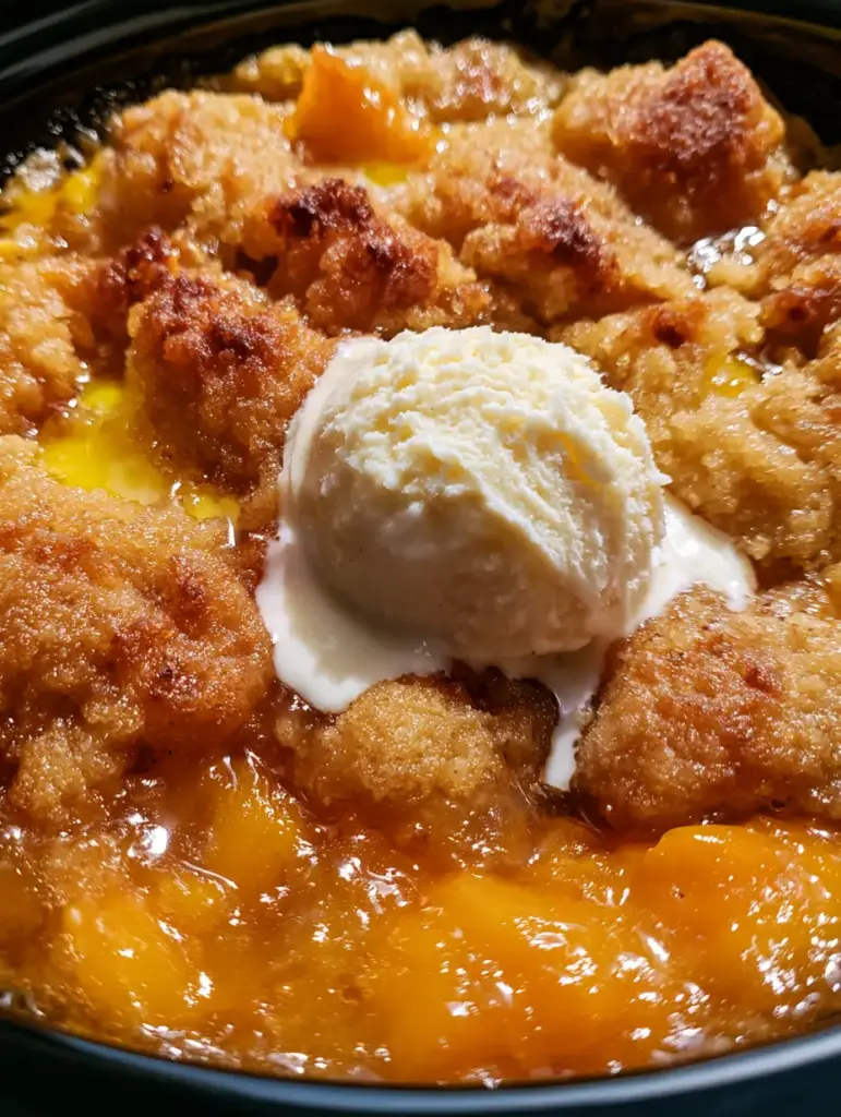 A close-up view of melting vanilla bean ice cream dripping down the bubbling amber peach syrup edges of a slow cooker peach bake.