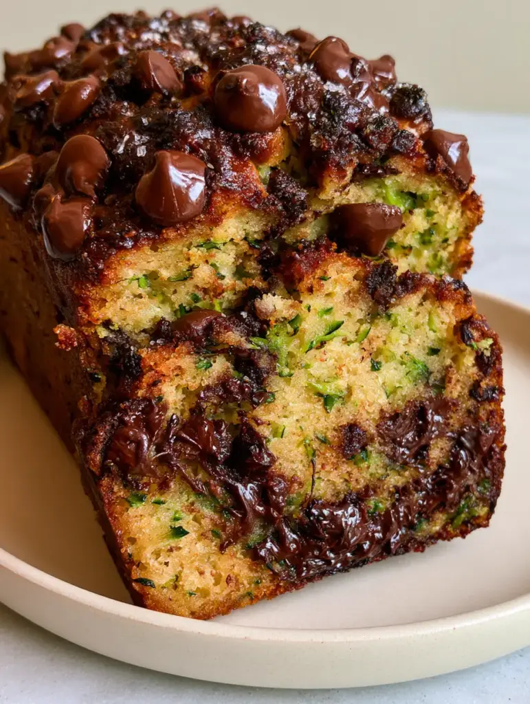 The caramelized deep-brown crust of a chocolate chip zucchini bread loaf topped with glistening chips and flaky sea salt.