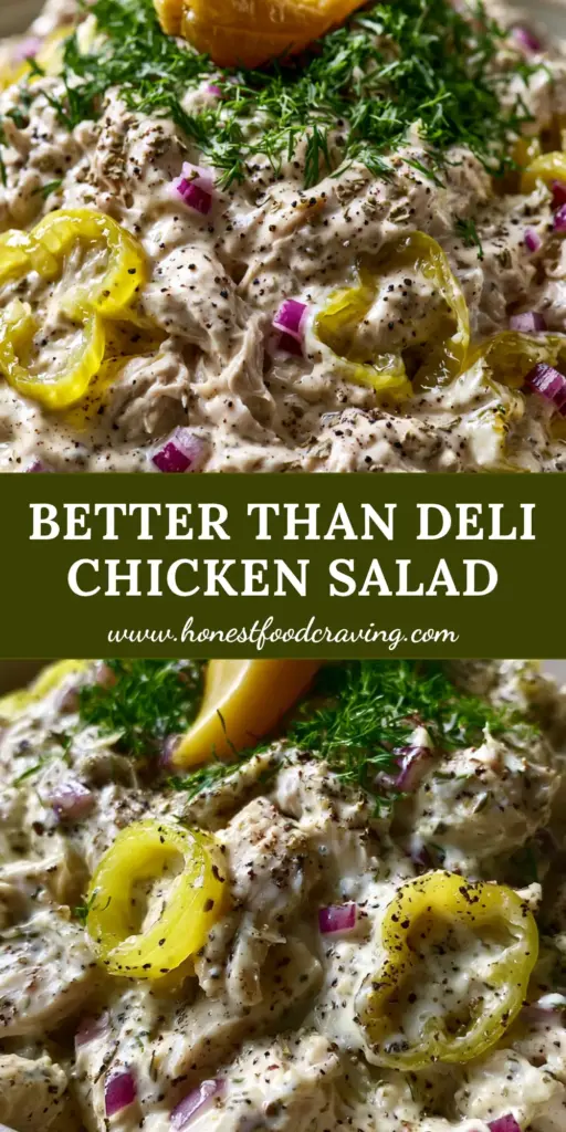 An ultra-close-up of Creamy Pepperoncini Chicken Salad in a matte bowl, featuring shredded chicken, ivory dressing, and neon-green pepperoncini rings.