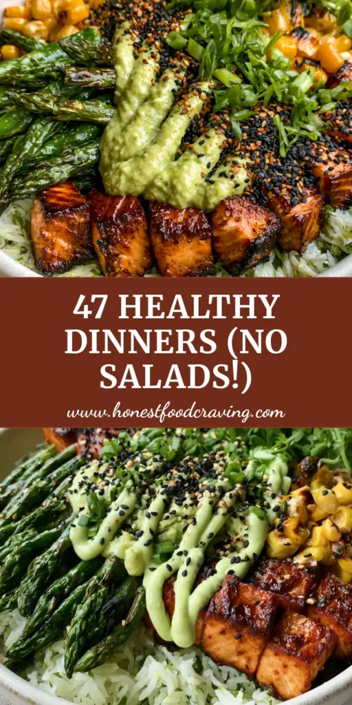Healthy Dinner Ideas: Honey-Garlic Salmon Bowls with Avocado Crema 4 A vibrant salmon bowl with honey-garlic cubes, lemon-cilantro rice, and avocado crema drizzle. (Healthy dinner ideas)
