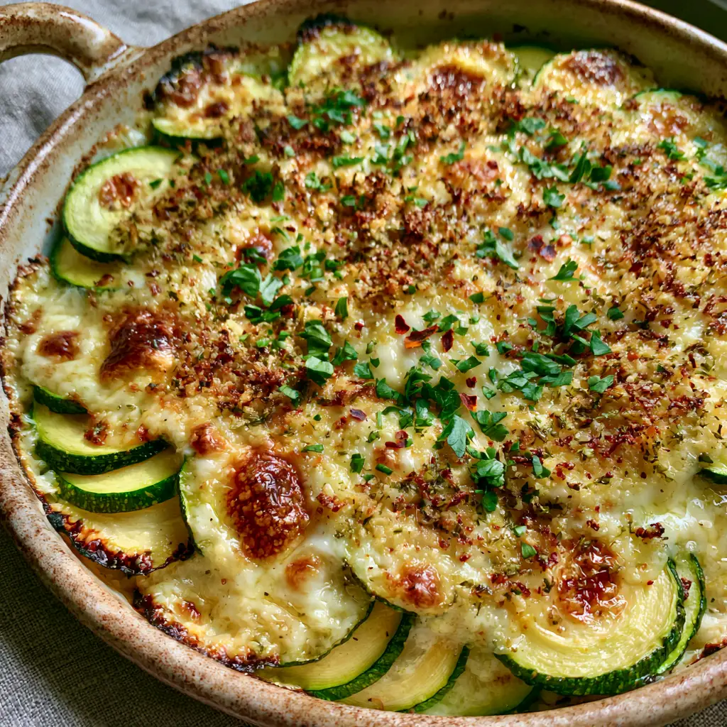 Baked zucchini and cheese casserole with dry seasoned edges and fresh parsley garnish in a rustic dish.