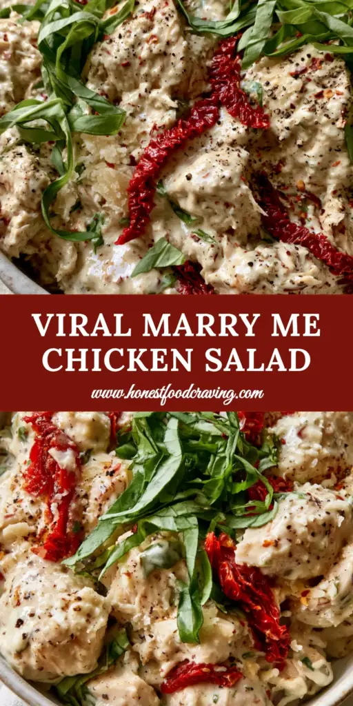 A rustic white ceramic bowl filled with chunky Marry Me Chicken Salad featuring glossy parmesan dressing, sun-dried tomatoes, and fresh basil ribbons. (marry me chicken salad)