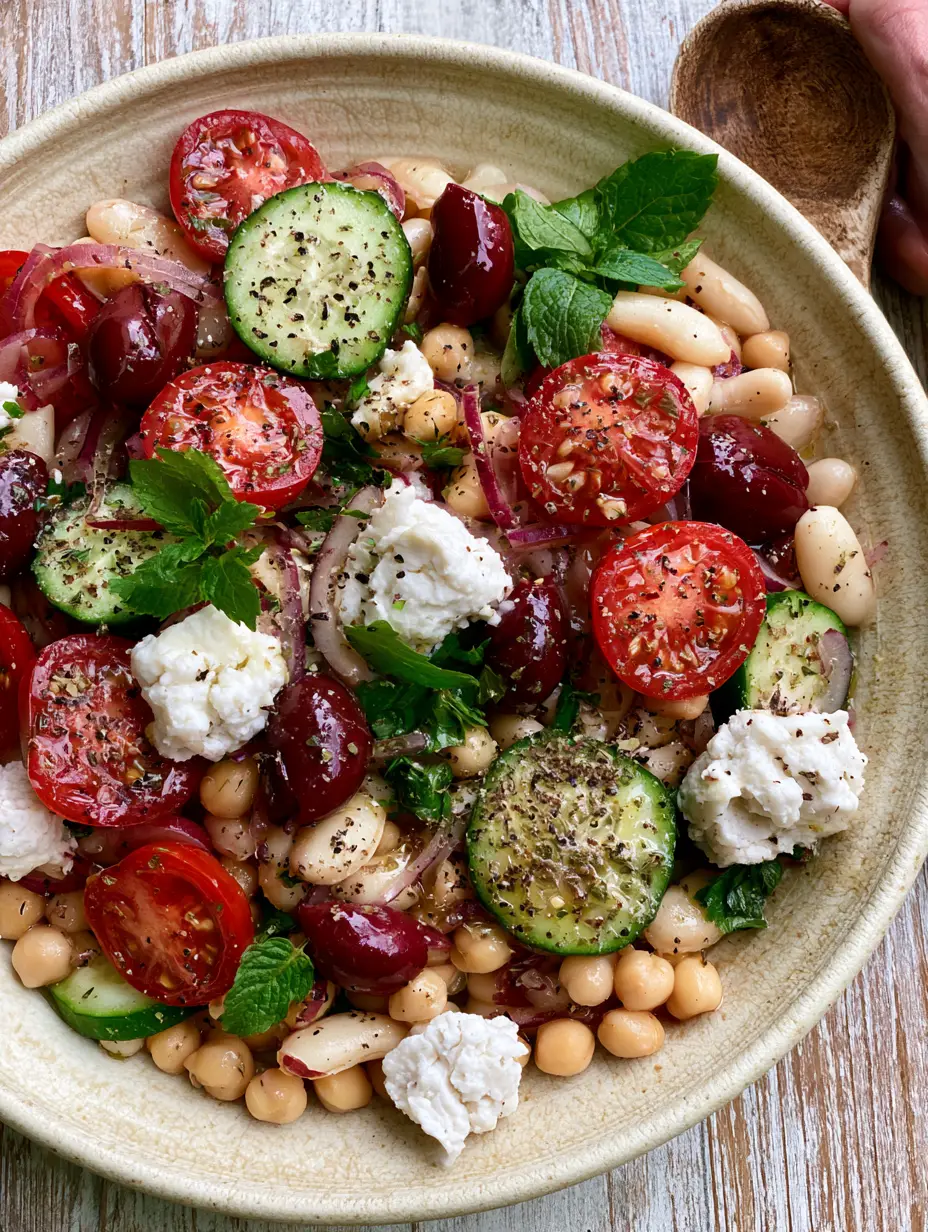 Overhead view of a Greek bean salad showing thick-cut English cucumbers, juicy cherry tomatoes, and glistening lemon-herb vinaigrette.