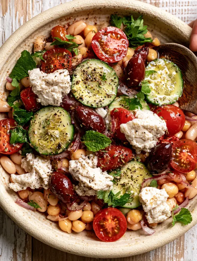 Close-up of Greek bean salad with vegan feta crumbles, wrinkled kalamata olives, and fresh mint leaves in a rustic bowl.