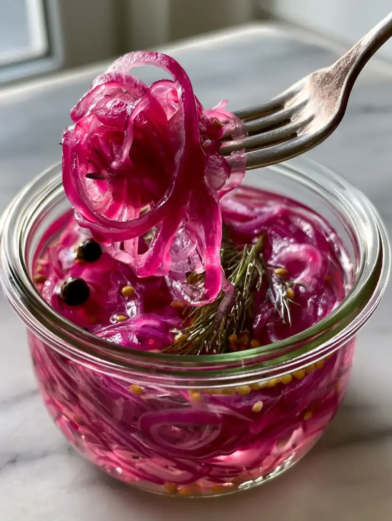 Pickling Recipes: The Ultimate Guide to Vibrant Quick Pickled Red Onions 1 A vertical close-up of vibrant magenta onions submerged in a glass jar with visible mustard seeds. (pickling recipes)