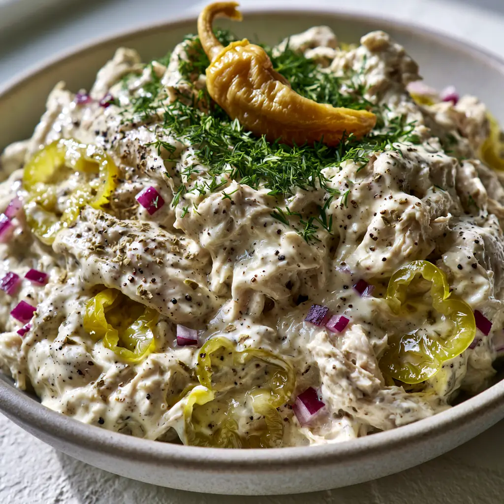Overhead view of Creamy Pepperoncini Chicken Salad garnished with fresh dill and a whole golden pepperoncini.
