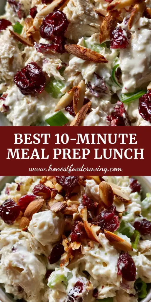 A close-up of cranberry almond chicken salad with creamy Greek yogurt dressing, toasted slivered almonds, and ruby-red cranberries in a ceramic bowl. (cranberry almond chicken salad)