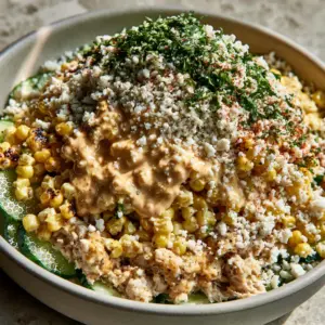 Top-down view of street corn creamy cucumber chicken salad featuring moisture-beaded cucumbers and golden charred corn.
