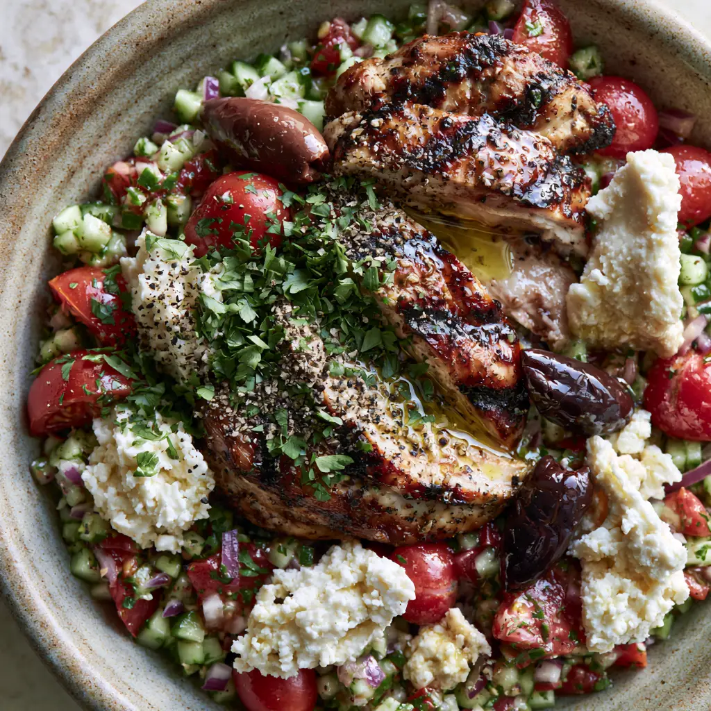 Mediterranean Grilled Chicken Salad with Lemon-Oregano Vinaigrette 1 A detailed shot of rustic feta crumbles, whole Kalamata olives, and chopped parsley on a Mediterranean grilled chicken salad.