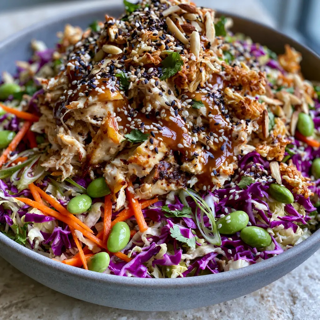 Artistic drizzle of amber sesame ginger dressing over a Crunchy Asian chicken salad.