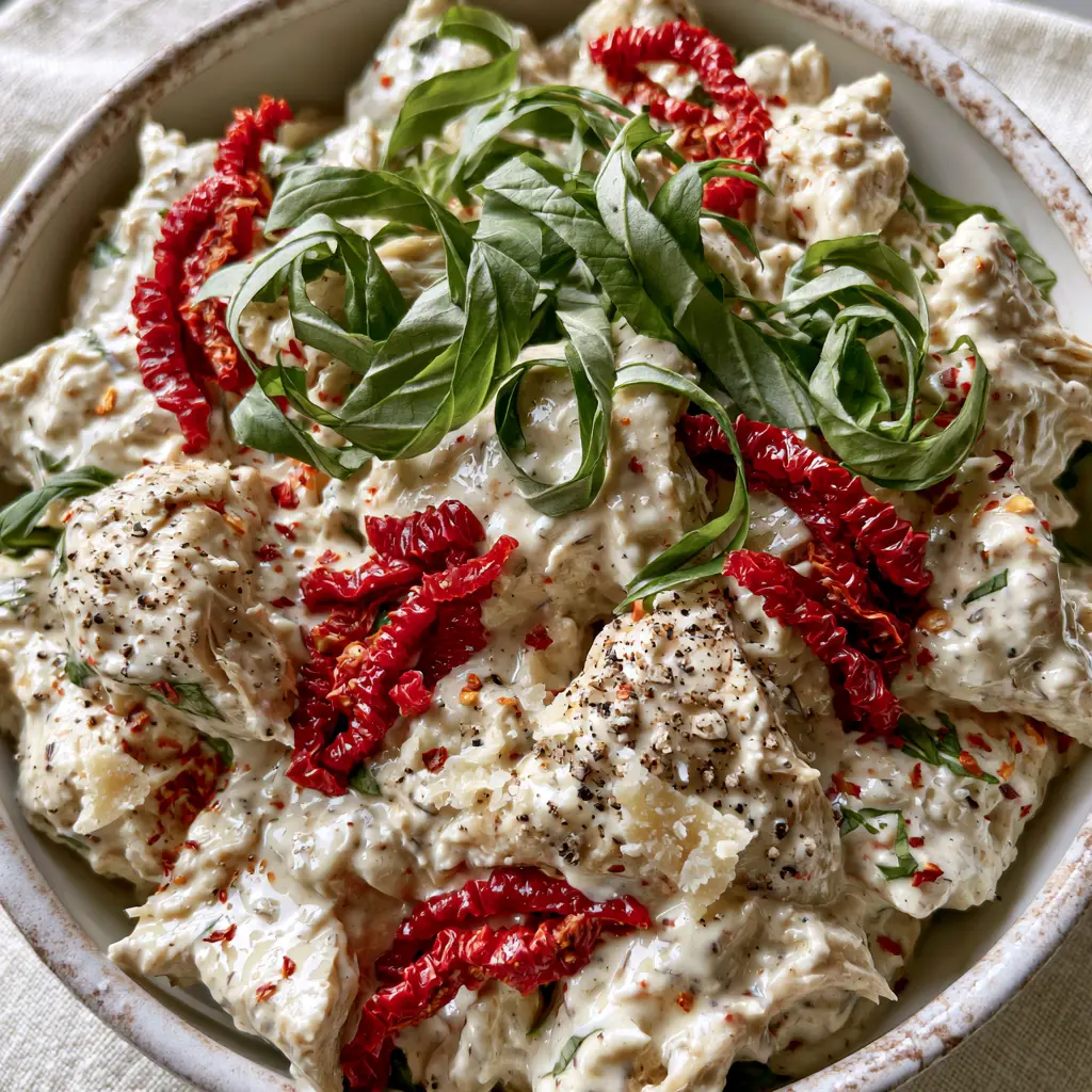 Detailed view of fresh basil ribbons and coarse cracked black pepper on top of a creamy parmesan chicken salad.