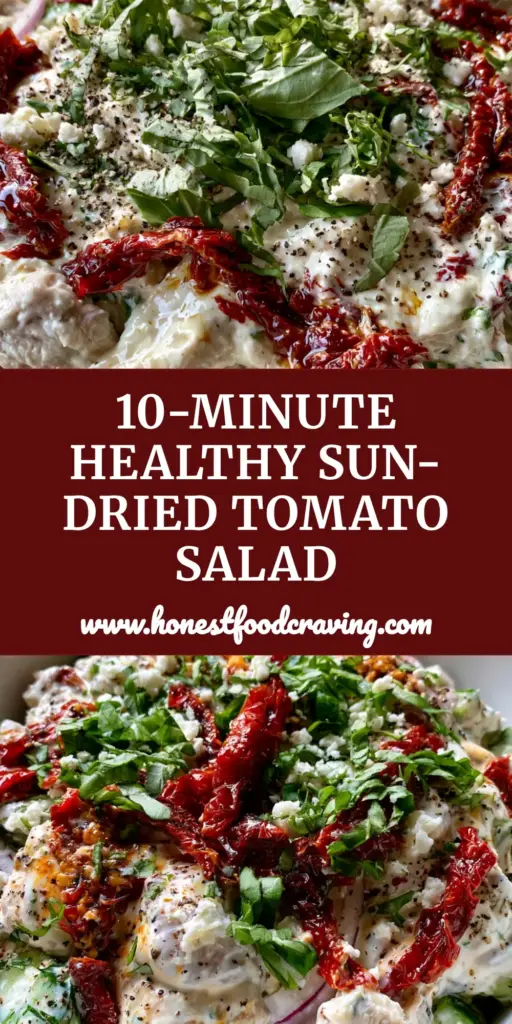 A top-down photo of Sun-Dried Tomato Chicken Salad in a white ceramic bowl featuring large chicken chunks, red tomato strips, and green basil.