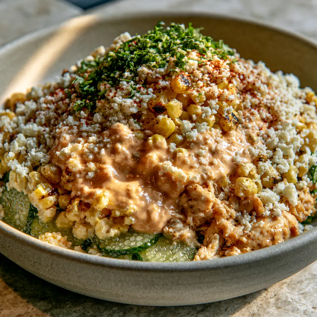 Detailed shot of the chipotle-lime crema drizzled over street corn creamy cucumber chicken salad with cotija cheese.