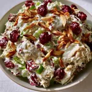 Macro top-down view of creamy cranberry almond chicken salad featuring moist chicken chunks, golden almonds, and emerald green celery. (cranberry almond chicken salad)