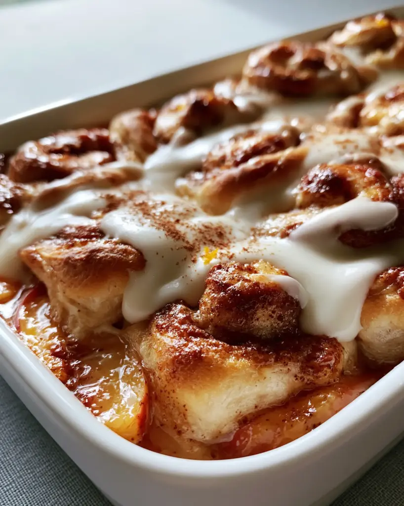 Freshly baked peach cobbler cinnamon rolls in a ceramic dish with bubbling syrup and orange zest garnish.