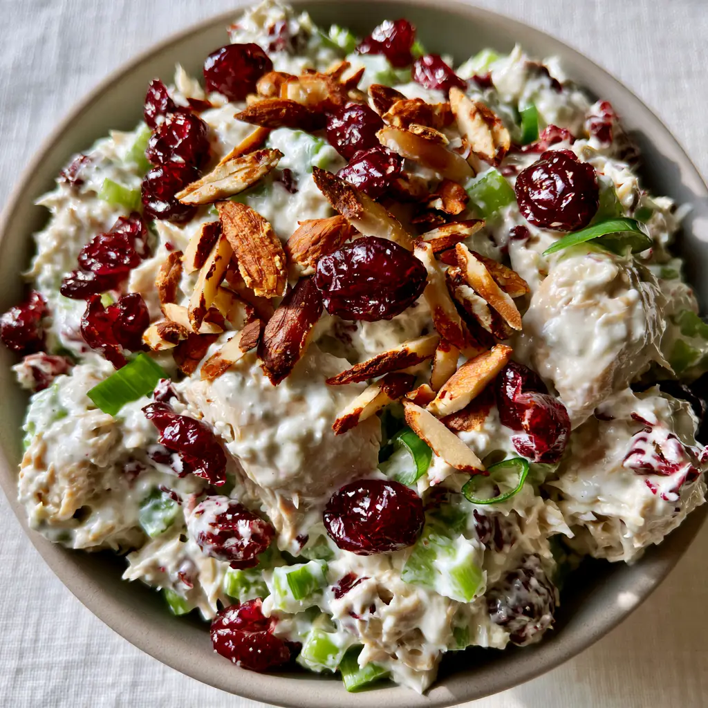 Close-up shot of hand-shredded chicken salad with slivered almonds and dried cranberries under soft natural morning light.
