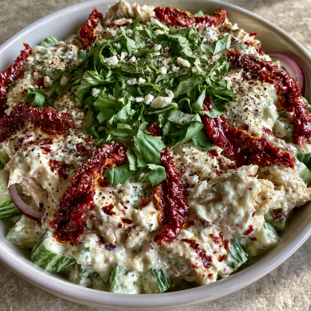 Close-up of shredded chicken, oily sun-dried tomatoes, and cracked black pepper in a Greek yogurt base.
