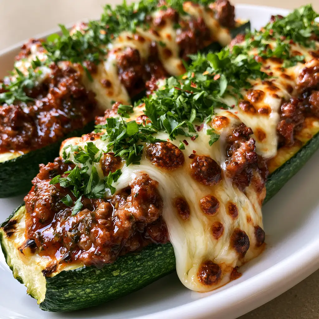 Macro photo of melted mozzarella with golden-brown spots over a thick herb-flecked tomato sauce in a stuffed zucchini recipe.
