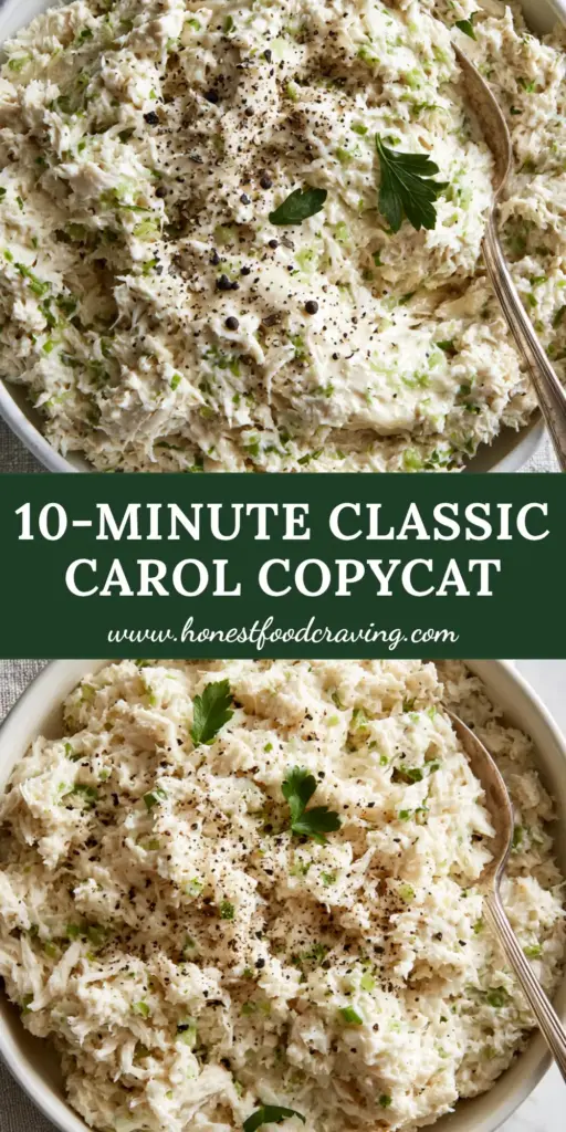 A top-down shot of a white bowl filled with the Chicken Salad Chick Classic Carol, garnished with parsley and pepper. (Chicken Salad Chick Classic Carol)